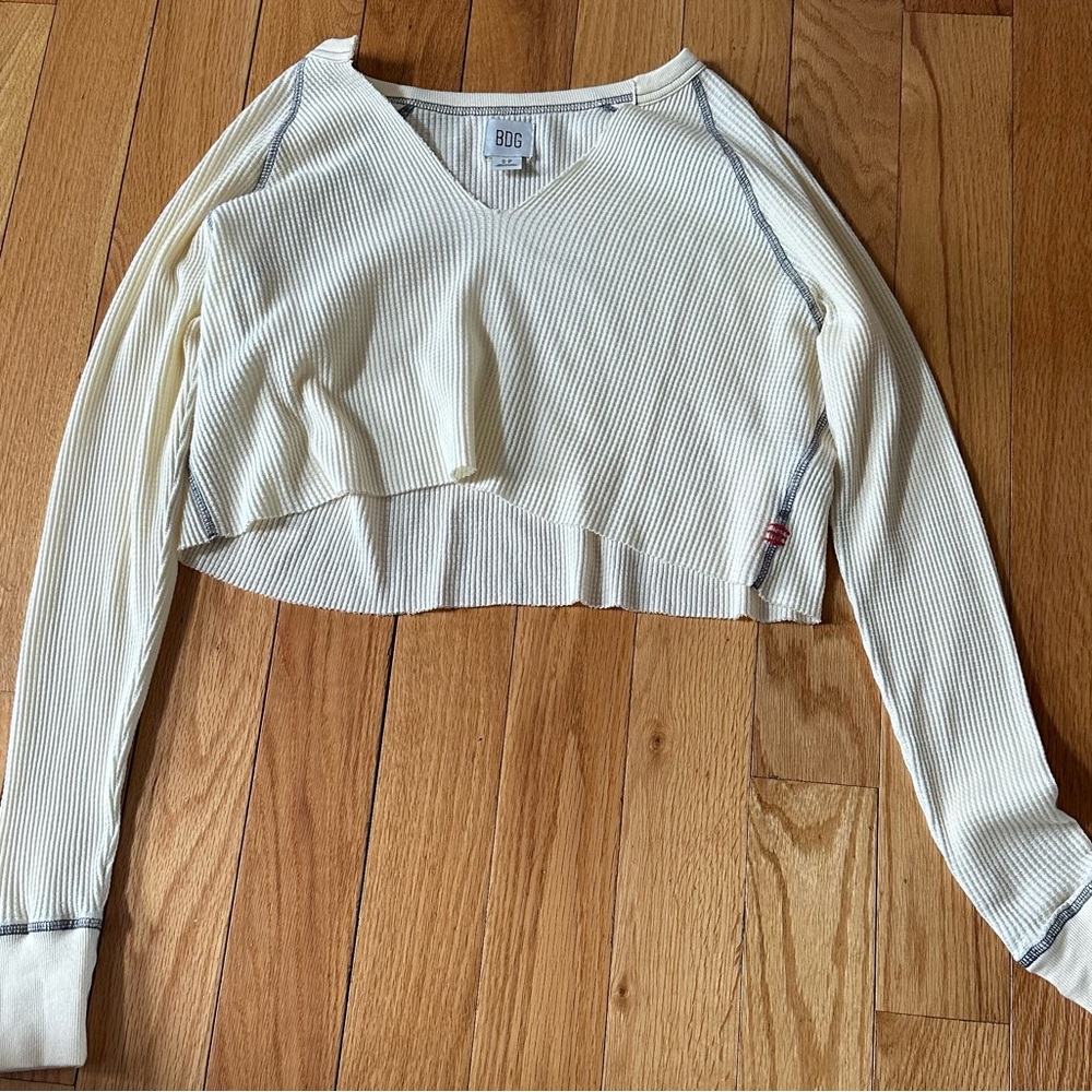 Cream Ribbed V-Neck Women's Top
